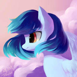 Size: 700x700 | Tagged: safe, artist:duvivi, oc, oc only, pegasus, pony, bust, cloud, female, mare, profile, signature, sky, solo, spread wings, wings