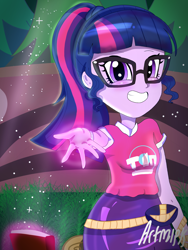 Size: 1800x2400 | Tagged: safe, artist:artmlpk, sci-twi, twilight sparkle, better together, equestria girls, adorable face, blushing, cute, fanart, female, festival, glasses, glowing hands, magic, ponytail, smiling, solo, telekinesis, twiabetes