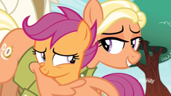 Size: 1920x1080 | Tagged: safe, screencap, mane allgood, scootaloo, snap shutter, pegasus, pony, the last crusade, discovery family logo, duo focus, embarrassed, eye contact, female, filly, hug, lidded eyes, like mother like daughter, looking at each other, mare, mother and child, mother and daughter, parent and child, scootalove, smiling, winghug