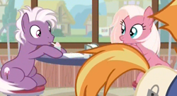 Size: 1058x575 | Tagged: safe, screencap, fuchsia frost, loganberry, earth pony, pony, the last crusade, dave the intern, drinking, eye contact, female, friendship student, looking at each other, male, mare, milkshake, ponies sitting next to each other, restaurant, sitting, stallion, stool, table