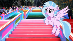 Size: 1920x1080 | Tagged: safe, artist:sonofaskywalker, edit, silverstream, pony, batu caves, colorful, cute, diastreamies, irl, malaysia, photo, photo edit, ponies in real life, stairs, temple, that hippogriff sure does love stairs