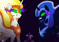 Size: 1754x1240 | Tagged: safe, artist:pinweena30, daybreaker, nightmare moon, twilight sparkle, twilight sparkle (alicorn), alicorn, pony, the beginning of the end, angry, black background, chromatic aberration, dark magic, female, magic, scene interpretation, simple background, sombra eyes, this will end in death, this will end in tears, this will end in tears and/or death