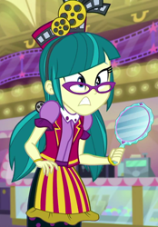 Size: 502x720 | Tagged: safe, juniper montage, equestria girls, mirror magic, spoiler:eqg specials, clothes, glasses, hat, mirror, theater, uniform