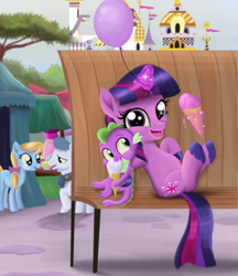 Size: 2849x3300 | Tagged: safe, artist:greenbrothersart, spike, twilight sparkle, unicorn twilight, dragon, pony, unicorn, balloon, bench, carnival, cute, female, filly, filly twilight sparkle, food, ice cream, ice cream cone, looking at you, mama twilight, spikabetes, twiabetes, younger