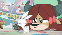 Size: 640x360 | Tagged: safe, screencap, angel bunny, yona, rabbit, yak, she's all yak, animated, bow, cloven hooves, dancing, everyday i'm shufflin', female, hair bow, male, monkey swings, running man, shuffle