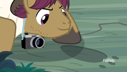 Size: 1920x1080 | Tagged: safe, screencap, snap shutter, earth pony, pony, the last crusade, camera, clothes, crouching, discovery family logo, footprint, male, narrowed eyes, shirt, smiling, stallion