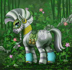 Size: 1500x1458 | Tagged: safe, artist:jenery, zecora, zebra, alternate timeline, butt, chrysalis resistance timeline, featureless crotch, female, flower, jungle, looking at you, looking back, looking back at you, mare, plot, resistance leader zecora, signature, smiling, solo, zecorass