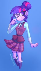 Size: 1171x2048 | Tagged: safe, artist:redpandabobana, sci-twi, twilight sparkle, equestria girls, friendship games, blue background, clothes, colored pupils, crystal prep academy uniform, cute, eye clipping through hair, eyebrows visible through hair, female, glasses, hair bun, pleated skirt, school uniform, simple background, skirt, socks, solo, twiabetes