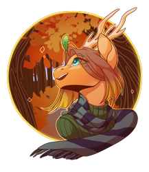 Size: 1300x1500 | Tagged: safe, artist:yuyusunshine, oc, oc only, pony, antlers, autumn, clothes, commission, female, looking up, scarf, scenery, smiling, ych result