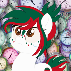 Size: 1968x1988 | Tagged: safe, artist:razorbladetheunicron, oc, oc only, oc:thrill seeker, earth pony, pony, base used, clock, coat markings, face markings, nervous, ponysona, solo