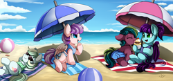 Size: 3517x1643 | Tagged: safe, artist:pridark, oc, oc only, bat pony, earth pony, pegasus, pony, bat pony oc, beach, beach ball, beach umbrella, colt, female, filly, male