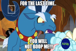 Size: 1170x778 | Tagged: safe, edit, edited screencap, screencap, cozy glow, grogar, lord tirek, pegasus, pony, sheep, the beginning of the end, 2019, boop denied, caption, discovery family logo, evil lair, female, filly, grogar's lair, image macro, imminent boop, lair, male, meme, ram, solo focus, text, this will end in boops, tv rating, tv-y