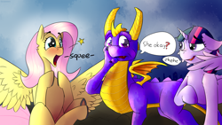 Size: 2560x1440 | Tagged: safe, artist:fuzzypones, derpibooru import, fluttershy, twilight sparkle, twilight sparkle (alicorn), alicorn, dragon, pegasus, pony, blushing, crossover, fangirling, female, male, mare, nervous laugh, open mouth, simple background, spyro the dragon, squee, text, trio, underhoof