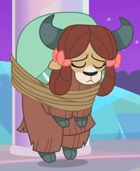 Size: 588x718 | Tagged: safe, screencap, yona, yak, she's all yak, ashamed, cloven hooves, cropped, embarrassed, eyes closed, female, horns, how embarrassing, humiliation, monkey swings, night, poor thing, solo, tied up