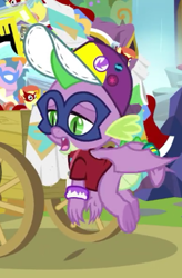 Size: 255x388 | Tagged: safe, screencap, humdrum, spike, dragon, dragon dropped, cap, claws, comics, cropped, hat, mask, power ponies, solo, tail band, tired, toes, underfoot, winged spike, wings