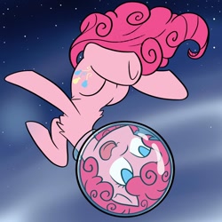 Size: 1000x1000 | Tagged: safe, artist:midknighterratum404, derpibooru import, pinkie pie, earth pony, pony, chest fluff, cute, diapinkes, female, mare, newbie artist training grounds, no pupils, open mouth, solo, space, space helmet, stars