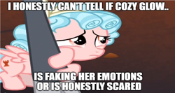 Size: 1314x698 | Tagged: safe, edit, edited screencap, screencap, cozy glow, lord tirek, centaur, pegasus, pony, the beginning of the end, bow, caption, cloven hooves, duo, female, filly, hair bow, image macro, meme, speculation, text, wrong aspect ratio