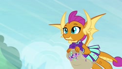 Size: 1920x1080 | Tagged: safe, screencap, smolder, dragon, 2 4 6 greaaat, bag, cheerleader outfit, cheerleader smolder, claws, clothes, confetti, cute, dragoness, fangs, female, flying, horns, smiling, smolderbetes, solo, spread wings, wings