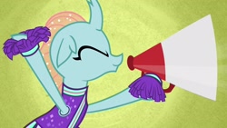 Size: 1920x1080 | Tagged: safe, screencap, ocellus, changedling, changeling, 2 4 6 greaaat, cheerleader ocellus, cheerleader outfit, clothes, cute, diaocelles, megaphone, solo