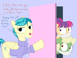 Size: 1600x1200 | Tagged: safe, artist:mightyshockwave, idw, aunt holiday, auntie lofty, pegasus, pony, the last crusade, alternate design, closet, cloth gag, clothes, female, gag, identity theft, imprisoned, kidnapped, mare, open mouth, self paradox, self ponidox, sweater, the implications are horrible