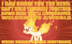 Size: 640x389 | Tagged: safe, edit, edited screencap, editor:undeadponysoldier, screencap, twilight sparkle, unicorn twilight, pony, unicorn, feeling pinkie keen, badass, been to hell, caption, colored text, edgy, female, fiery mane, fire, furious, hell, hollywood undead, image macro, lyrics, mare, rage, rap-rock, rapidash twilight, red eyes, song reference, text, video game reference, word art, yelling, yelling at the top of their lungs