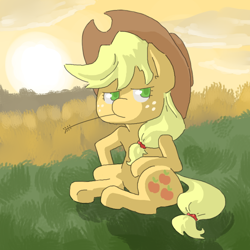 Size: 700x700 | Tagged: safe, artist:shrimpshogun, derpibooru exclusive, derpibooru import, applejack, earth pony, pony, cloud, female, freckles, hat, looking at you, sitting, solo, straw in mouth, sun