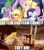 Size: 500x562 | Tagged: safe, derpibooru import, edit, edited screencap, screencap, applejack, flam, flim, fluttershy, rarity, spike, dragon, earth pony, pegasus, pony, unicorn, the beginning of the end, the cutie re-mark, alternate timeline, caption, excavator, flim flam brothers, flim flam industry timeline, image macro, meme, text, winged spike