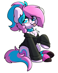 Size: 2075x2630 | Tagged: safe, artist:spoopygander, oc, oc only, oc:panda shade, earth pony, pony, buckle, chest fluff, clothes, collar, cute, cutie mark, female, jumper, looking at you, mare, mlem, multicolored hair, raised hoof, silly, socks, solo, striped socks, tongue out