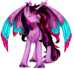 Size: 2435x2268 | Tagged: safe, artist:enghelkitten, oc, oc:kathe paint, alicorn, pony, colored wings, female, mare, multicolored wings, one eye closed, simple background, solo, tongue out, transparent background, wink