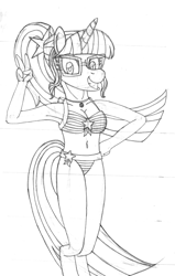 Size: 2126x3339 | Tagged: safe, artist:supra80, sci-twi, twilight sparkle, anthro, unguligrade anthro, unicorn, better together, equestria girls, forgotten friendship, armpits, belly button, bikini, breasts, clothes, equestria girls ponified, female, geode of telekinesis, glasses, lineart, magical geodes, peace sign, pencil drawing, ponytail, solo, swimsuit, traditional art, unicorn sci-twi