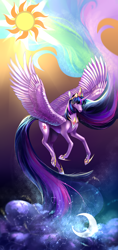 Size: 4630x9824 | Tagged: safe, artist:shu-jeantte, princess twilight 2.0, twilight sparkle, twilight sparkle (alicorn), alicorn, pony, the last problem, absurd file size, absurd resolution, constellation, crown, cutie mark, ethereal mane, female, hoof shoes, impossibly long mane, jewelry, long mane, mare, moon, necklace, regalia, solo, sun, tiara, ultimate twilight