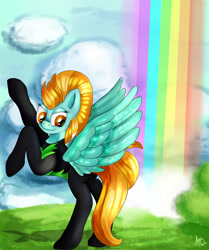 Size: 2547x3041 | Tagged: safe, artist:appleneedle, lightning dust, pegasus, pony, clothes, female, mare, rainbow, raised hoof, solo, uniform, washouts uniform