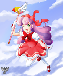 Size: 2500x3000 | Tagged: safe, artist:danmakuman, sweetie belle, human, anime, cardcaptor sakura, clothes, cosplay, costume, crossover, dress, female, gloves, heart eyes, humanized, looking at you, magical girl, one eye closed, open mouth, shoes, smiling, socks, solo, wingding eyes, wink