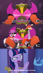 Size: 1280x2160 | Tagged: safe, twilight sparkle, twilight sparkle (alicorn), alicorn, pony, molt down, boss hosstrich, caption, cartoon network logo, descriptive noise, group hug, horse noises, hug, image macro, mao mao: heroes of pure heart, orangusnake, ramaraffe, subtitles, text