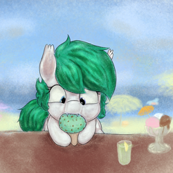 Size: 1000x1000 | Tagged: safe, artist:solarbutt, oc, oc only, bat pony, pony, beach, female, food, ice cream, ice cream cone, mare, solo