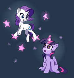 Size: 2980x3144 | Tagged: safe, artist:lilfunkman, derpibooru import, rarity, twilight sparkle, twilight sparkle (alicorn), alicorn, pony, unicorn, female, lesbian, magic, magic aura, mare, rarilight, shipping, sitting, smiling, stars