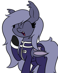 Size: 1562x1977 | Tagged: safe, artist:moonatik, oc, oc only, oc:selenite, bat pony, pony, bat pony oc, clothes, cute, cute little fangs, fangs, gloves, laughing, long mane, military uniform, raised hoof, simple background, solo, transparent background, wings