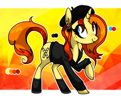 Size: 1280x1036 | Tagged: safe, alternate version, artist:anyazen, oc, oc only, oc:cee gee ie, pony, unicorn, beret, boots, clothes, ear piercing, earring, female, freckles, hat, heterochromia, hoodie, jewelry, mare, piercing, raised hoof, reference sheet, shoes, solo