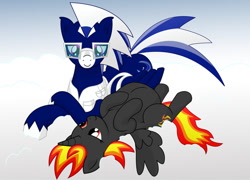 Size: 900x648 | Tagged: safe, artist:xniclord789x, oc, oc only, oc:cobalt flash, oc:midnight flare, alicorn, pegasus, pony, belly, clothes, freckles, glasses, hoof on belly, lying down, lying on a cloud, pregnant, shirt