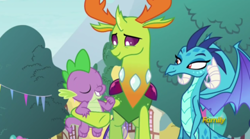 Size: 500x278 | Tagged: safe, screencap, princess ember, spike, thorax, changedling, changeling, dragon, triple threat, cute, discovery family logo, eyes closed, female, hug, king thorax, male, smiling, spikelove, spread wings, wings