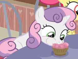 Size: 924x703 | Tagged: safe, screencap, apple bloom, sweetie belle, the last crusade, cupcake, cute, diasweetes, food, solo focus