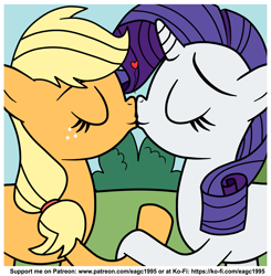 Size: 1837x1877 | Tagged: safe, artist:eagc7, derpibooru import, applejack, rarity, earth pony, pony, unicorn, cute, duo, eyes closed, female, heart, holding hooves, jackabetes, kissing, ko-fi, lesbian, mare, patreon, raribetes, rarijack, shipping