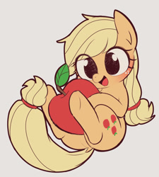 Size: 928x1030 | Tagged: safe, artist:manachaaaaaaaa, derpibooru import, applejack, earth pony, pony, apple, big eyes, blushing, chibi, cute, eye clipping through hair, female, food, fullbody, happy, jackabetes, mare, pixiv, simple background, smiling, solo, that pony sure does love apples, weapons-grade cute