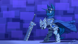 Size: 2500x1407 | Tagged: safe, artist:1jaz, oc, oc:flint, pony, unicorn, armor, cape, clothes, solo, sword, weapon