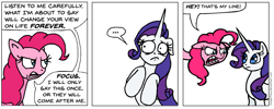 Size: 1169x467 | Tagged: safe, artist:gingerfoxy, derpibooru import, pinkie pie, rarity, earth pony, pony, unicorn, pony comic generator, ..., angry, comic, scared, text