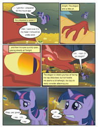 Size: 612x792 | Tagged: safe, artist:newbiespud, edit, edited screencap, screencap, twilight sparkle, unicorn twilight, dragon, pony, unicorn, comic:friendship is dragons, dragonshy, comic, dialogue, female, gold, looking up, male, mare, screencap comic, slit eyes, smoke, sword, weapon