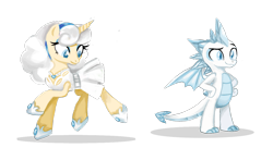 Size: 1247x734 | Tagged: safe, artist:lizzysketch, oc, oc only, oc:glacier the dragon, oc:vintage weiss, dragon, pony, unicorn, beautiful, clothes, dress, eyeshadow, female, headband, hoof shoes, jewelry, makeup, male, mare, necklace, raised hoof, raised leg, simple background, skirt, transparent background