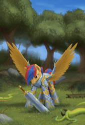 Size: 1800x2663 | Tagged: safe, artist:1jaz, oc, oc only, oc:schorcht, pegasus, pony, armor, male, monster, scenery, stallion, sword, tree, weapon