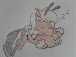 Size: 2576x1932 | Tagged: safe, artist:stemthebug, oc, oc only, oc:stem bedstraw, hybrid, original species, food, pancakes, sleeping, solo, traditional art