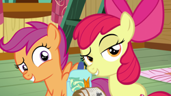 Size: 1920x1080 | Tagged: safe, screencap, apple bloom, scootaloo, pony, growing up is hard to do, carrot, clubhouse, crusaders clubhouse, dreamworks face, food, ladder, lidded eyes, saddle bag, smug, tickets